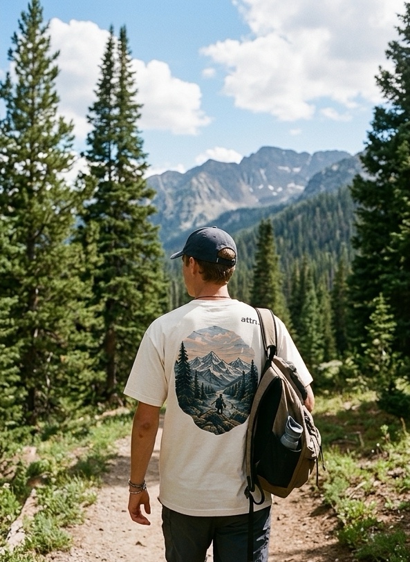 Wearing the Mountain Adventure tee