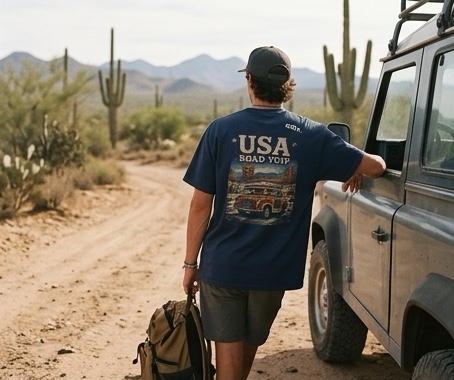 Wearing the Road Trip USA tee